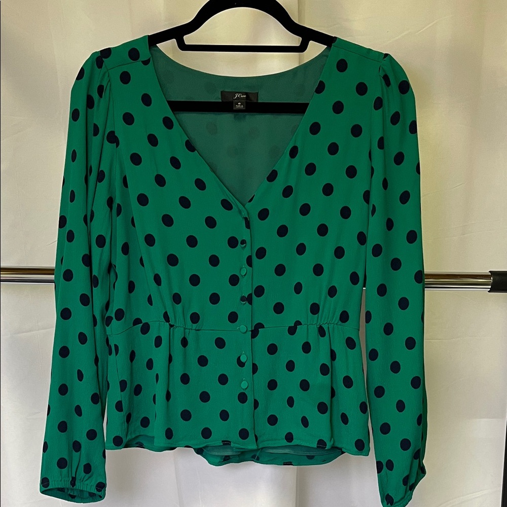 J. Crew womens Long-sleeve peplum blouse in crepe polka dot green and navy 6
